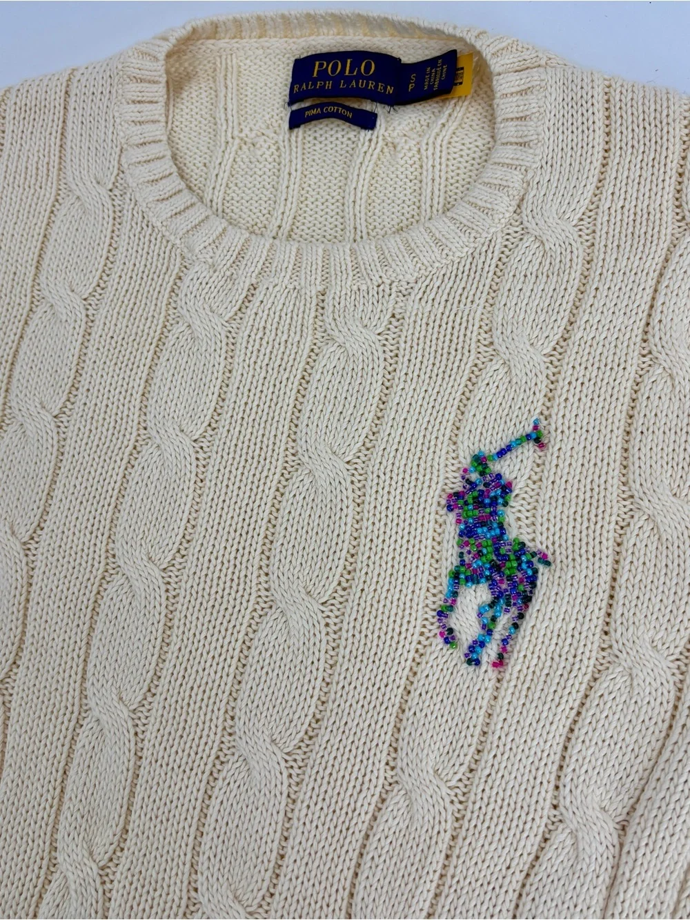 POLO RALPH LAUREN Beaded Big Pony Sweater Women’s S Cream Cable Knit Pima Cotton - Picture 8 of 13